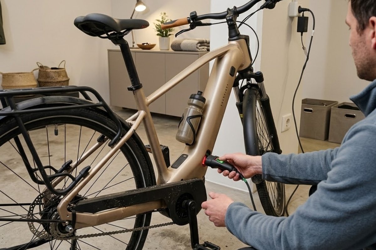 cycliste branchant le câble de recharge de son vélo électrique à domicile