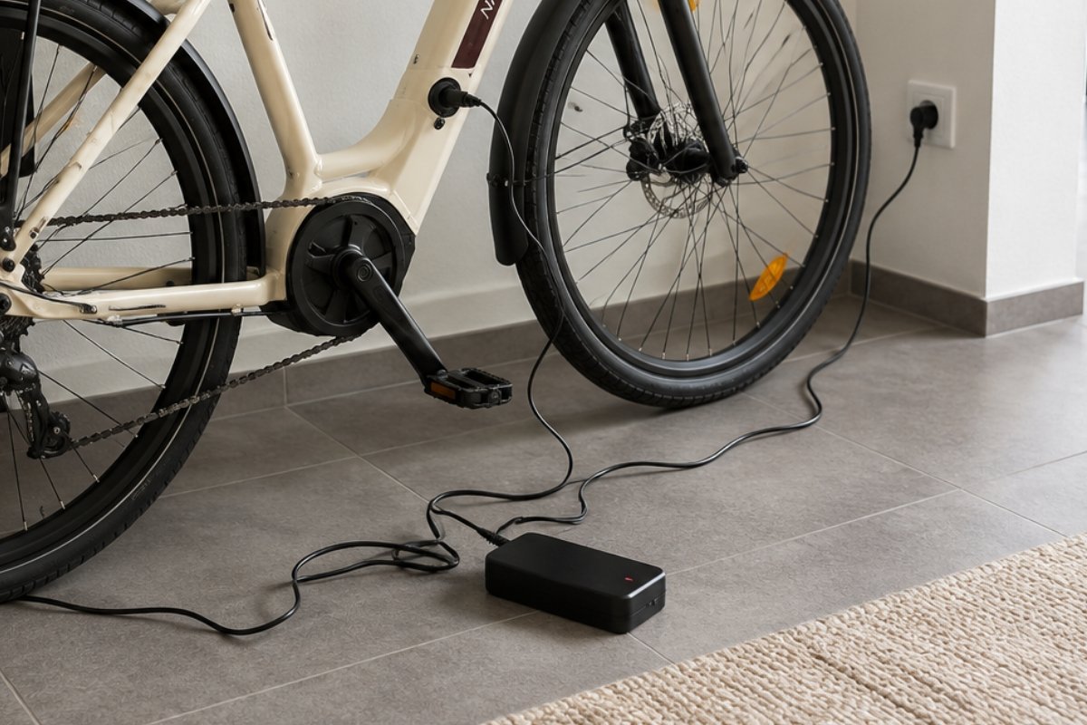 vélo électrique en charge sur une prise domestique avec son chargeur au sol