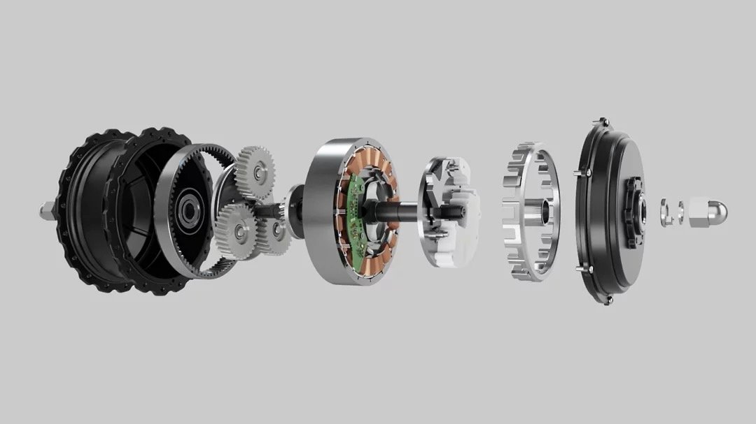 Vue éclatée d'un moteur de roue pour vélo électrique avec système de verrouillage intégré.