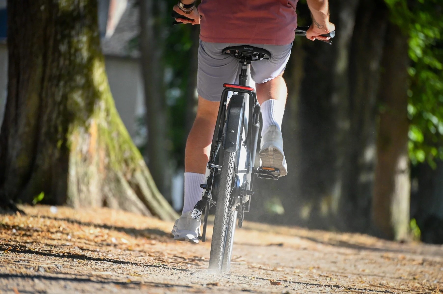 Cycliste de dos sur un vélo électrique équipé d'un moteur sur la roue arrière.