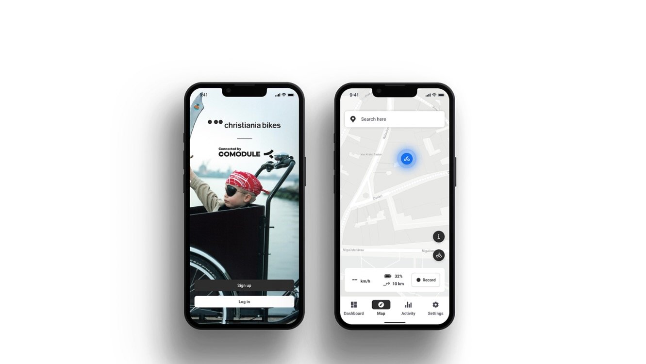Deux smartphones affichant l'application de géolocalisation Christiania Bikes pour vélo cargo.