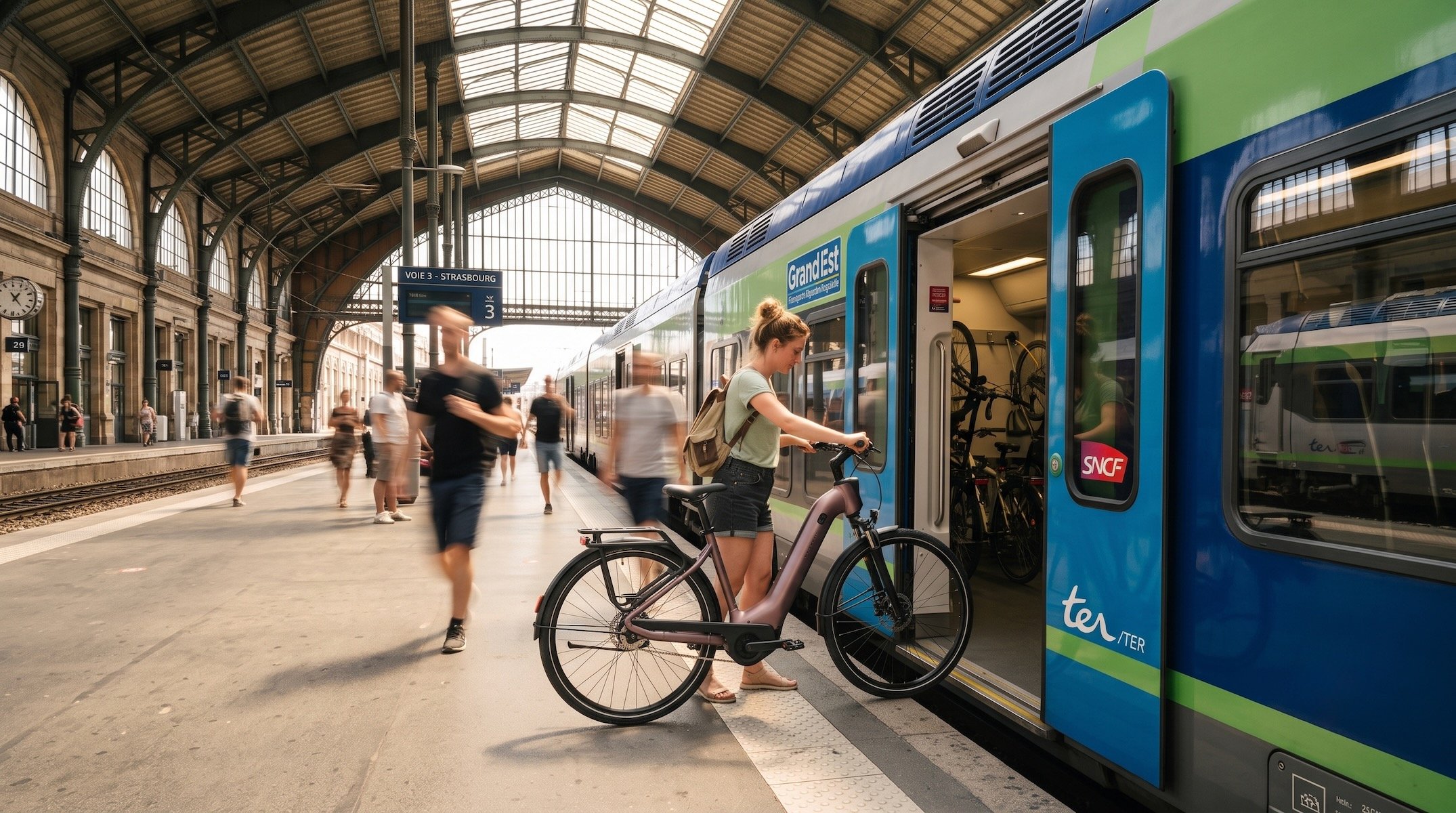 Une cycliste monte son vélo électrique à bord d'un train régional.