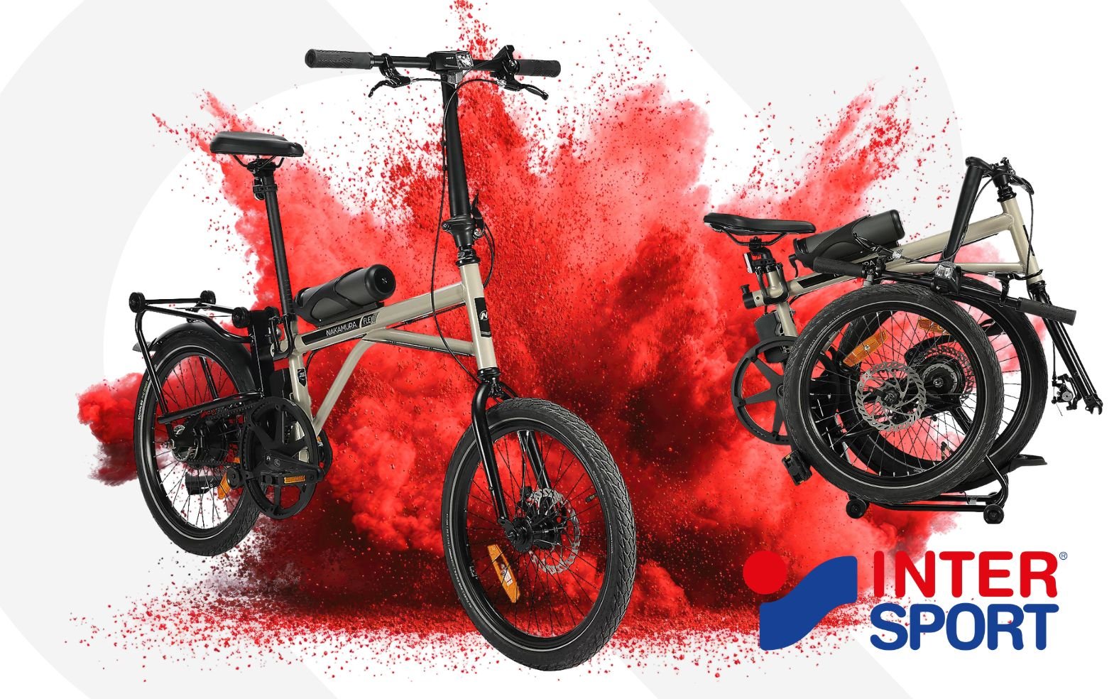 Vélo électrique pliant Nakamura Flexy Boost beige, à courroie Gates, vendu chez Intersport