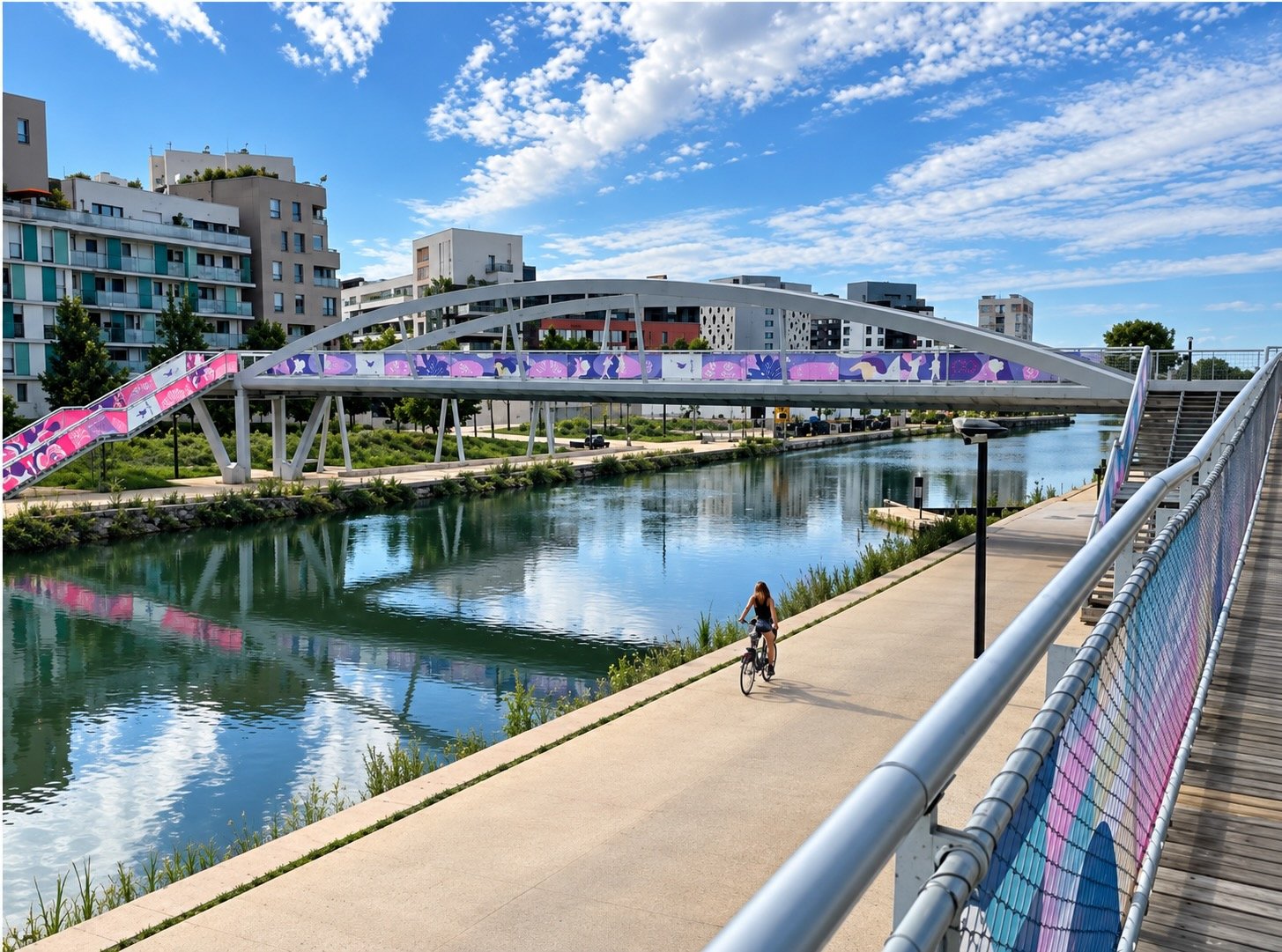 Une cycliste circule sur une voie aménagée au bord d'un canal sous une passerelle moderne en Île-de-France.