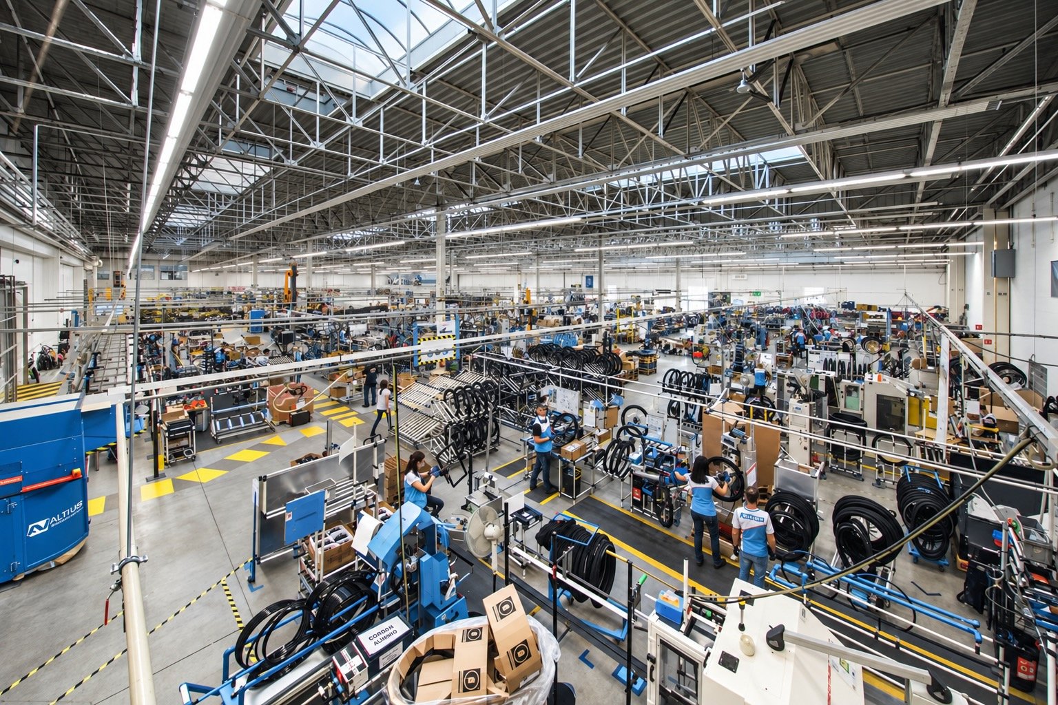 Intérieur d'une usine d'assemblage de vélos avec des ouvriers travaillant sur des postes de montage.