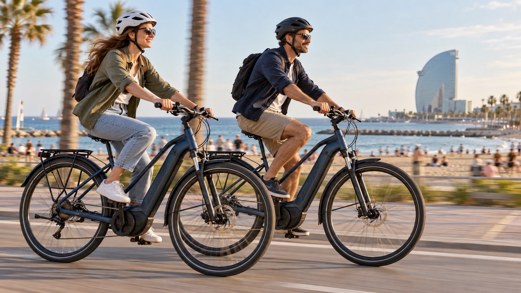 Un homme et une femme casqués roulent à vélo électrique sur la promenade en bord de mer de Barcelone