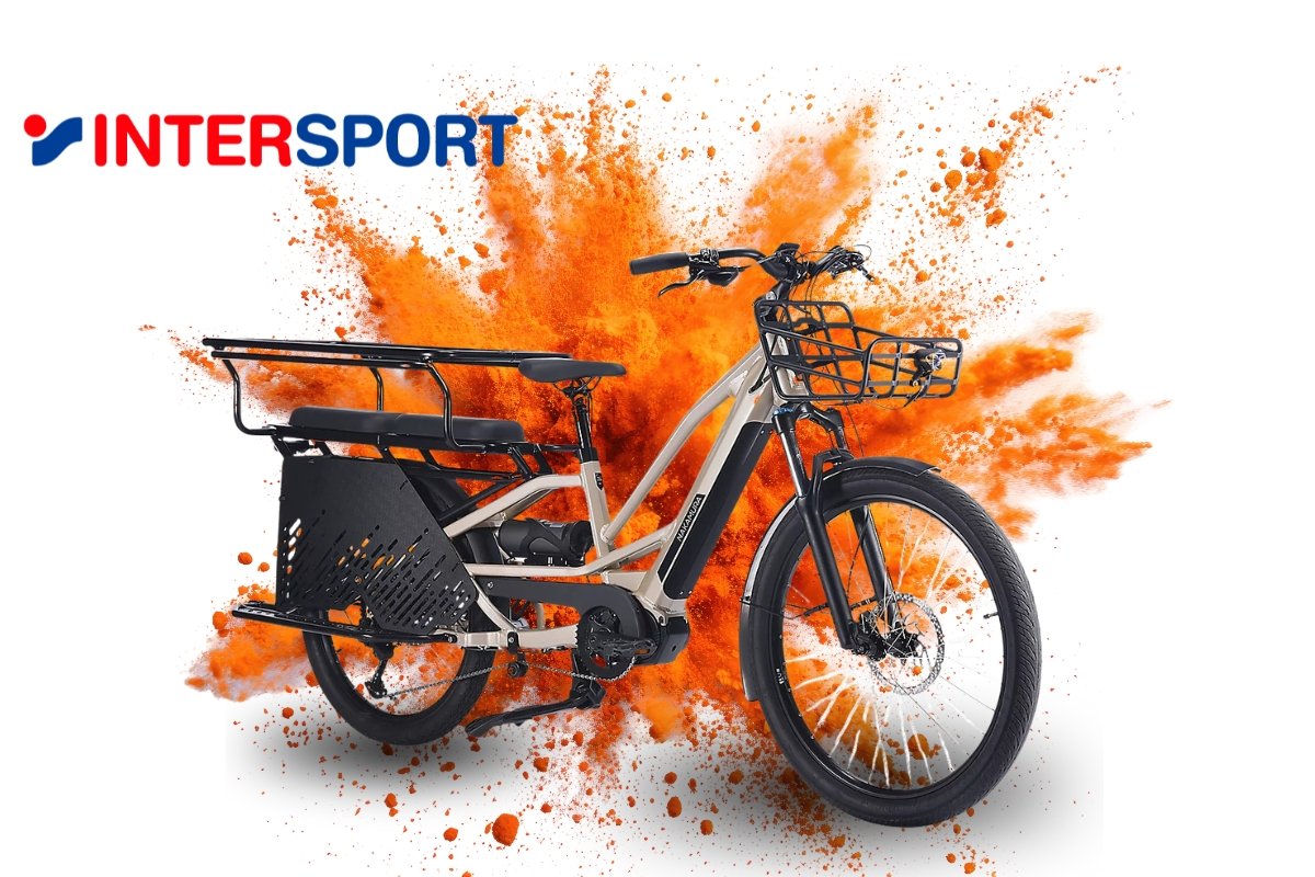 Velo cargo electrique Nakamura Crossover Longtail beige avec porte-bagages arriere rallonge