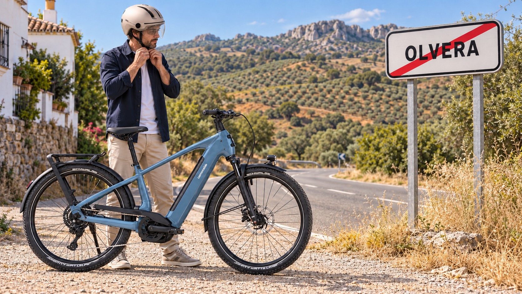 Casque à vélo obligatoire en Espagne : un cycliste attache son casque à côté de son vélo électrique, devant le panneau de sortie d'agglomération d'Olvera, en Andalousie