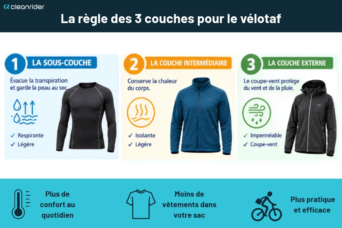 Infographie de la règle des 3 couches pour le vélotaf : sous-couche respirante, couche intermédiaire isolante et coupe-vent imperméable