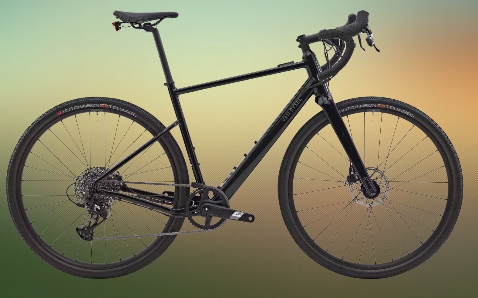 Gravel électrique Van Rysel E-GRVL AF HD X30 noir fumé de Decathlon, vu de profil avec moteur Mahle X30 et pneus Hutchinson Touareg