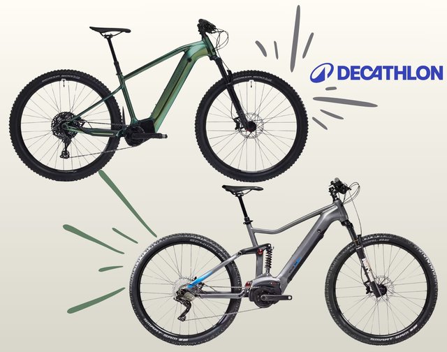 Deux VTT électriques Decathlon en promotion : Rockrider E-EXPL 700 vert bouteille et Stilus E-Trail gris, –501 € chacun