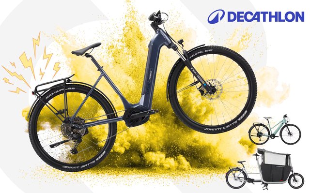Trois vélos électriques Decathlon concernés par les ventes flash : l’Elops LD 500 E, le Stilus E-Touring et le cargo B’Twin F900E.