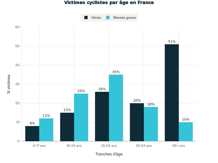 Répartition des victimes cyclistes par âge, 51 % ont 65 ans et plus, graphique Cleanrider basé sur données ONISR