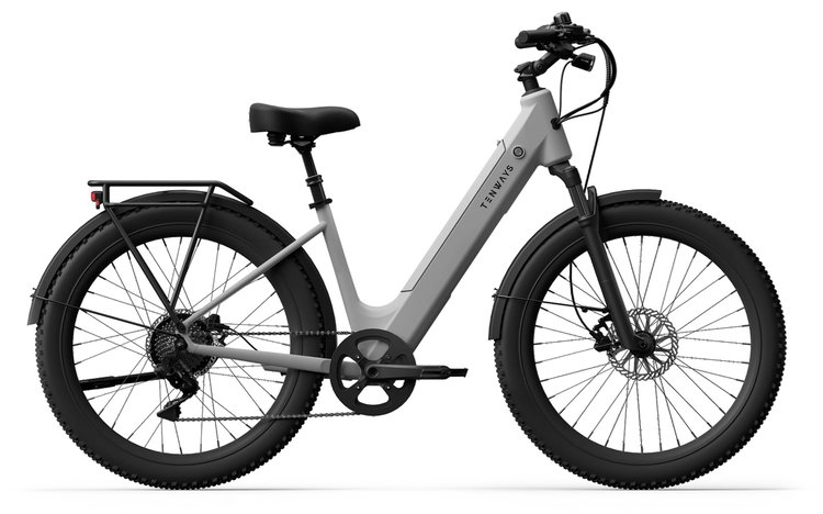 Vélo électrique Tenways Wayfarer bleu avec cadre bas, éclairage avant et feu arrière allumé, typé cruiser