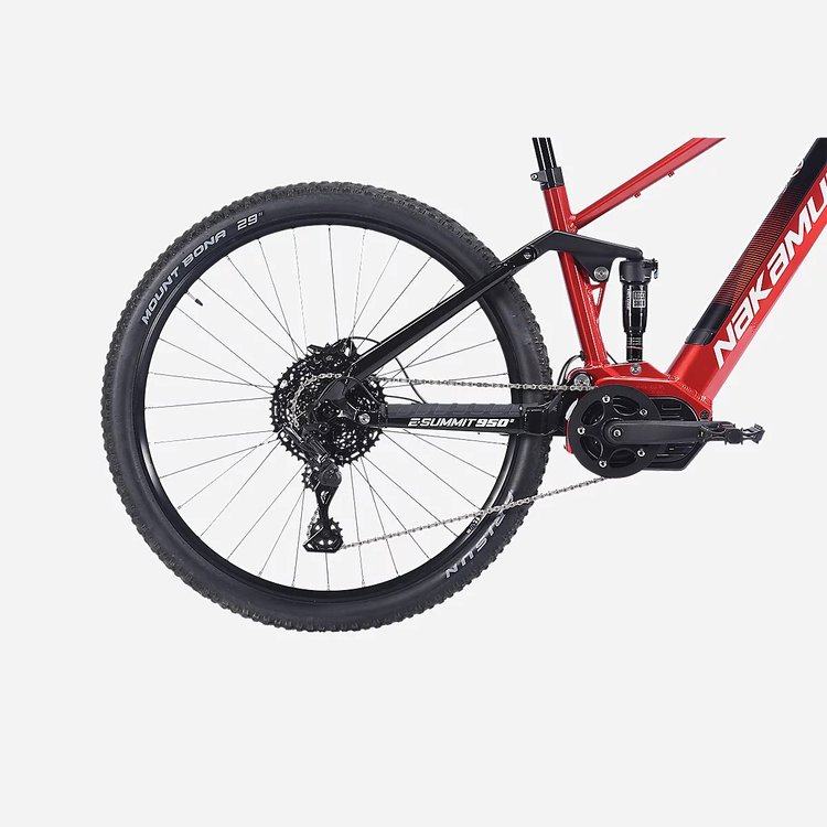 Transmission arrière du Nakamura E-Summit 950S avec amortisseur RockShox et pneu Mount Bona 29