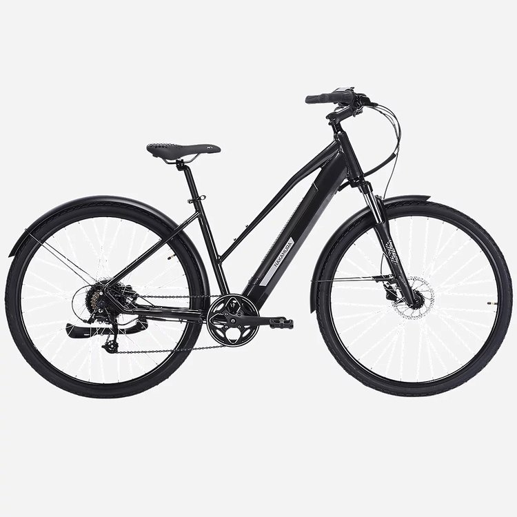 VTC électrique Nakamura Crossover S noir vu de profil, avec batterie intégrée au cadre et fourche suspendue