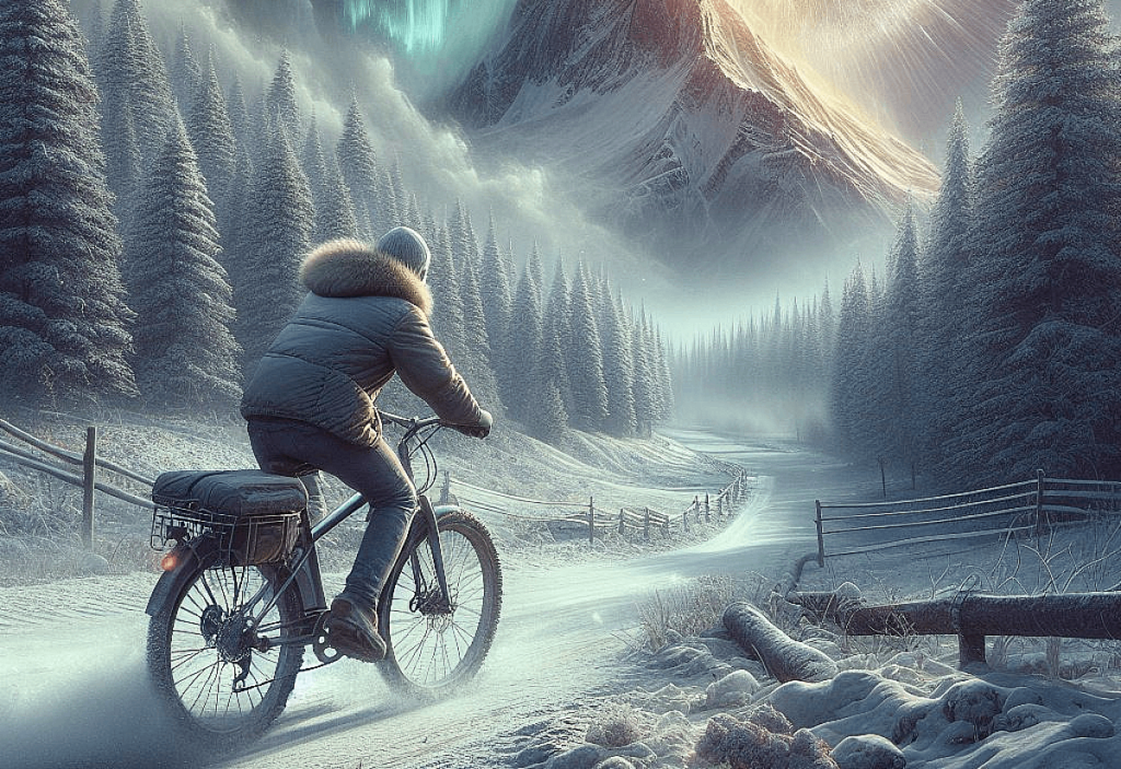 Un cycliste en VAE en hiver