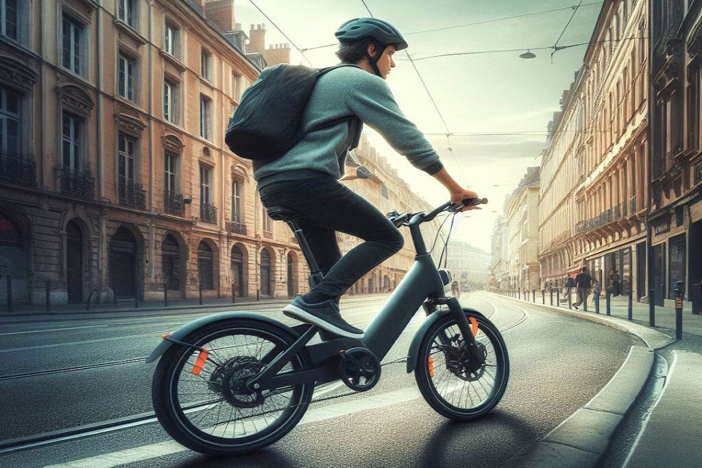 Jeune homme sur un vélo à assistance électrique en ville