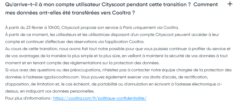 Cityscoot Cooltra transfert comptes
