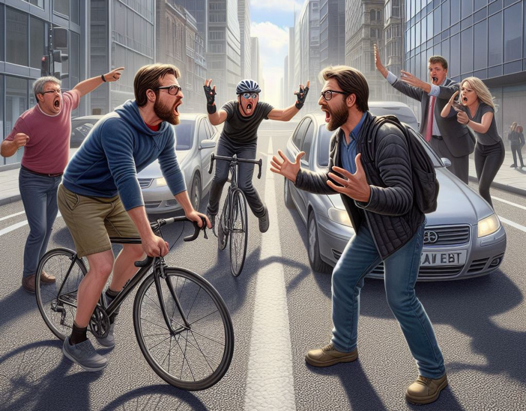 Un groupe de cyclistes, automobilistes et piétons qui se disputent dans la rue