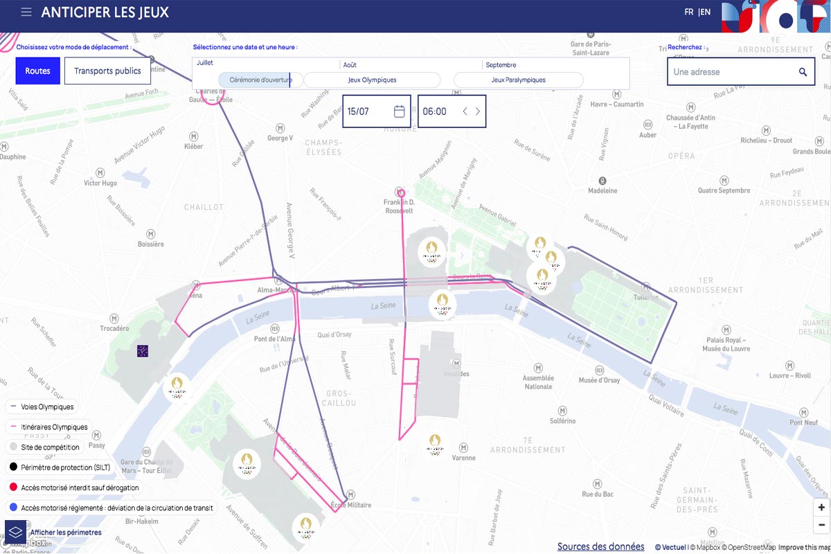 Carte des voies réservées à Paris à l'organisation des JO 2024