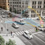 Intersection urbaine connectée avec véhicules, cyclistes et piétons en communication V2X
