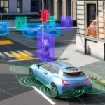 Véhicule équipé de capteurs C-V2X détectant un cycliste en ville