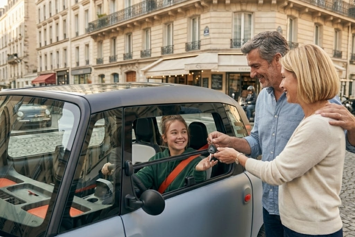 Adolescente recevant les clés de sa Citroën Ami de la part de ses parents en centre-ville
